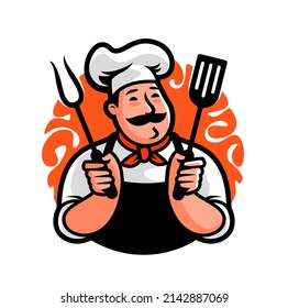 Emblema de comida a la parrilla. Chef con bifurcación y espátula para el logo de la barbacoa. Ilustración vectorial de caracteres de dibujos animados