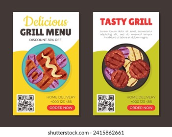 Grill Food Flyer Design with Roasted Barbecue Meal Vector Template