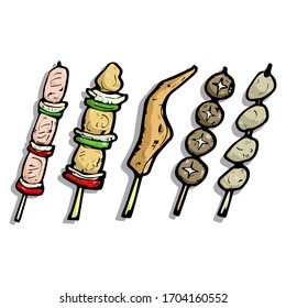 grill foods with skewer, salmon chicken heart and wing, mushroom cartoon object, vector doodle arts