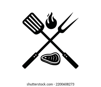 Grill fork and spatula tools with fire and fresh meat for barbecue or BBQ symbol icon vector. Smoke and grill logo design