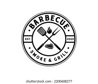 Grill fork and spatula tools with fire and fresh meat for barbecue or BBQ symbol icon vector. Smoke and grill logo design