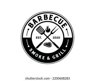 Grill fork and spatula tools with fire and fresh meat for barbecue or BBQ symbol icon vector. Smoke and grill logo design