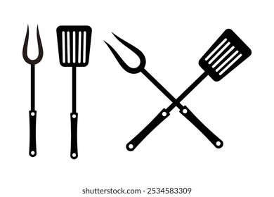 Grill fork and spatula tools icon vector set. Barbecue or BBQ symbol