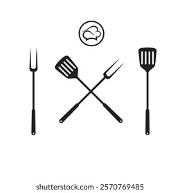 Grill fork and spatula tools icon vector set template. Barbecue or BBQ symbol silhouette 