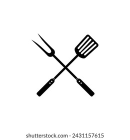 Grill fork and spatula tools Isolated icon set. Barbecue or BBQ symbol silhouette on white background vector illustration