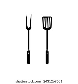 Grill fork and spatula tools Isolated icon set. Barbecue or BBQ symbol silhouette on white background vector illustration