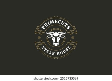 Grill barbacoa fresca steak lujo retro círculo logo diseño Plantilla cabeza de toro Vector plana ilustración. Premium Carnicería de carne fresca menú de carne asada Logotipo de estilo antiguo con cinta dorada