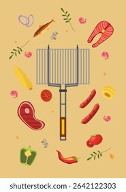 Grill grate with meat, fish, vegetables, and herbs arranged around it. Includes steak, sausages, corn, and chili. Suitable for BBQ, picnic or food related designs.