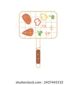 Parrilla con carne, salmón y verduras aisladas sobre fondo blanco. Bbq picnic con comida de carne. Ilustración plana vectorial.
