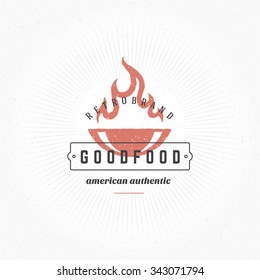Grill Hand Drawn Design Element in Vintage Style for Logotype, Label, Badge and other design. Fire flame retro vector illustration.