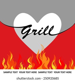 Grill heart on red flame background