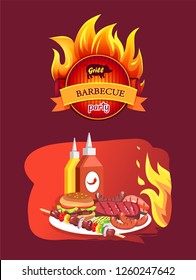 Grill hot barbecue party dishes vector. Frying pan in fire with text and pig icon. Ketchup and mustard accompanied to hamburger, beefsteak brochette