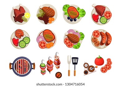 Grill with hot coals, kitchen utensils for cooking and various grilled dishes. Sausages, chicken, steak, fish with vegetable garnishes. Flat vector