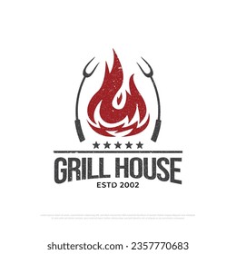 Grill house barbecue logo design with grunge style, retro BBQ vector, barbeque bar and restaurant icon, Red fire vector illustration