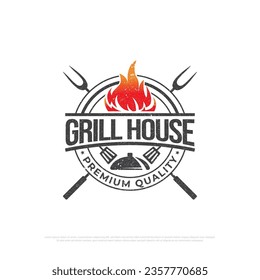 Grill house barbecue rustic logo design, retro BBQ vector, barbeque bar and restaurant icon, Red fire icon vector illustration