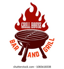 Grill house. Bbq illustration with fire. Design element for logo, label, emblem, sign. Vector image