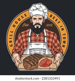 Grill house colorful detailed sticker with brutal man in chef cap holding tray of beef rib steak vector illustration