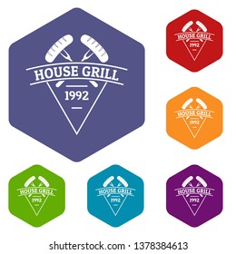 Grill house icons vector colorful hexahedron set collection isolated on white 