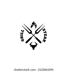 Grill house logo. Bullhead logo. Barbeque bar logo stamp with fork