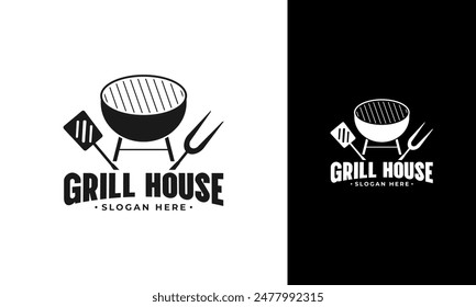Grill house logo design. Barbeque symbol with spatula , fork, and charcoal grill concept. Steak restaurant vector icon