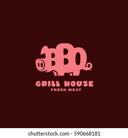 Grill house logo template design with a stylized pig on a dark background. Vector illustration.