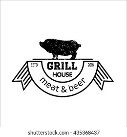 Grill house. Meat and beer. Vintage logo grilled pork. 