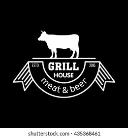 Grill house. Meat and beer. Vintage logo grill chalk on a black Board.  
