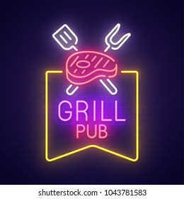 Grill House neon sign, bright signboard, light banner. Grill logo, emblem. Vector illustration