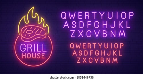 Grill House neon sign, bright signboard, light banner. Grill logo, emblem and label. Neon text edit