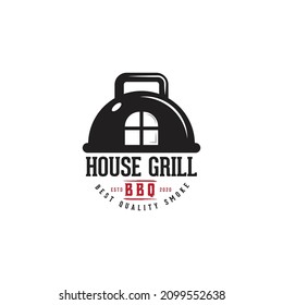 grill and house symbol icon logo concept, house grill logo design, unique logo,barbeque,skewer, vector template emblems stamp