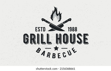 Grill House - vintage logo concept. Logo of Barbecue, Grill, Steak house with fire flame and crossed knifes. BBQ logo, poster, stamp template with grunge texture. Vector illustration