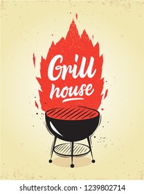 Grill house.Hand letteringr label, card, emblem or logo template.