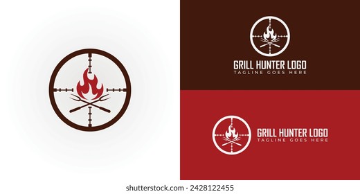 The Grill Hunter Logo applied for the grill and barbeque logo design inspiration presented with multiple white and red backgrounds. The logo is suitable for food and restaurant business logo design