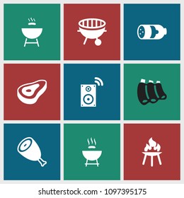 Grill icon. collection of 9 grill filled icons such as beef, sausage, barbeque, bbq. editable grill icons for web and mobile.