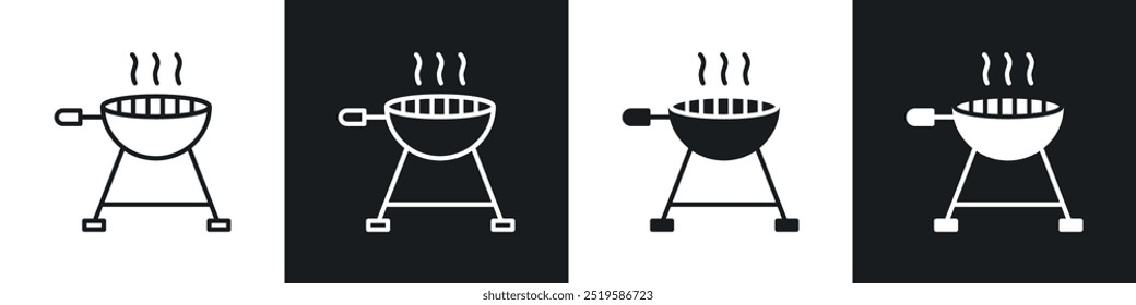Grill icon collection in black and white filled and stroke line style.