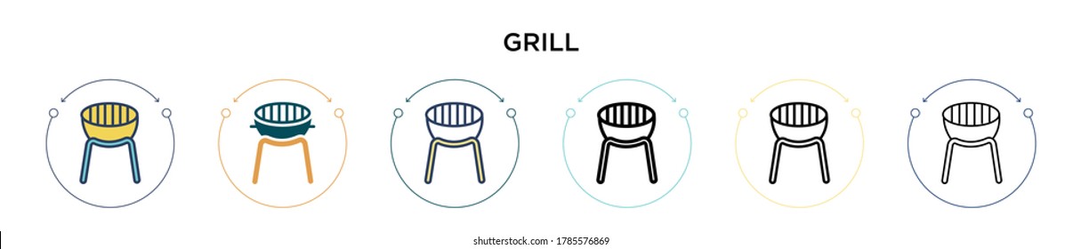 Grill-Symbol in voller, dünner Linie, Umriss und Strich-Stil. Vektorgrafik von zwei farbigen und schwarzen Gittervektorsymbolen, die für mobile, i, web-basierte