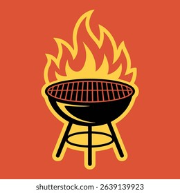 Grill Icon with Flames in Bold Retro Style	