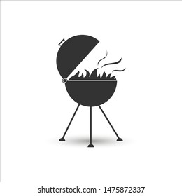 Grill icon for frying meat with fire, simple flat design.