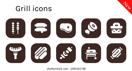 grill icon set. 10 filled grill icons.  Collection Of - Skewers, Ribs, Steak, Meat, Picnic, Sausage, Hot dog, Skewer, Grill