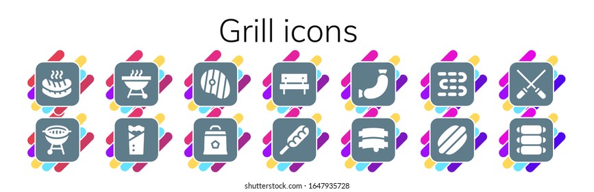conjunto de iconos de la parrilla. 14 iconos de la parrilla rellenos. Incluye salchicha, barbacoa, kebab, filete, carbón vegetal, picnic, hot dog, costillas, salchichas, iconos de Skewers