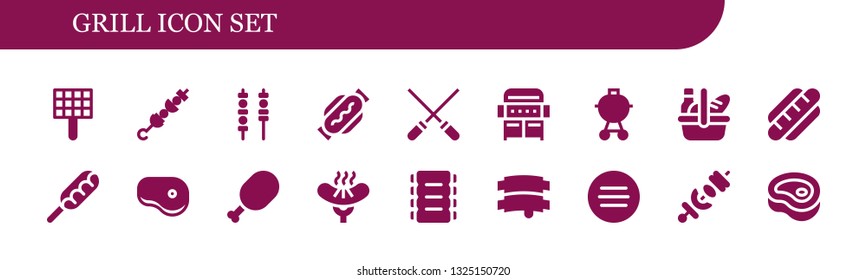 grill icon set. 18 filled grill icons.  Simple modern icons about  - Grill, Brochette, Skewers, Hot dog, Barbecue, Picnic, Steak, Meat, Sausage, Ribs, Skewer