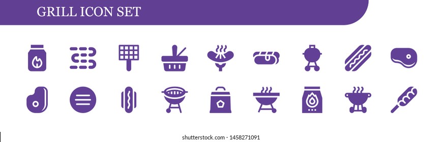 grill icon set. 18 filled grill icons.  Simple modern icons about  - Charcoal, Sausages, Grill, Picnic, Sausage, Hot dog, Barbecue, Steak, Meat, Bbq