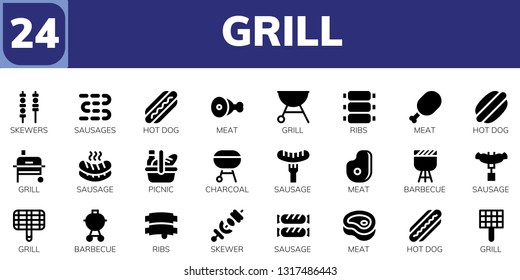 grill icon set. 24 filled grill icons.  Collection Of - Skewers, Sausages, Hot dog, Meat, Grill, Ribs, Sausage, Picnic, Charcoal, Barbecue, Skewer