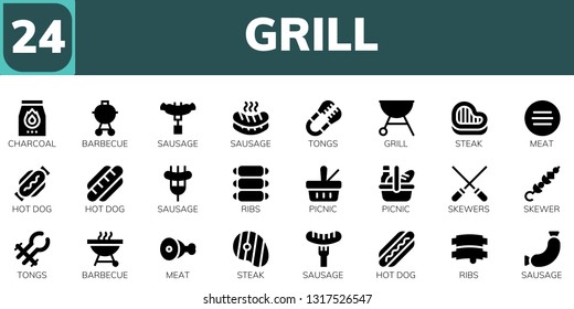  grill icon set. 24 filled grill icons.  Simple modern icons about  - Charcoal, Barbecue, Sausage, Tongs, Grill, Steak, Meat, Hot dog, Ribs, Picnic, Skewers, Skewer