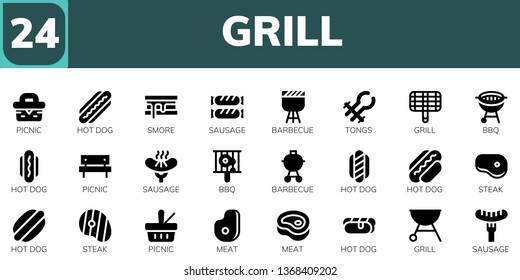 grill icon set. 24 filled grill icons.  Simple modern icons about  - Picnic, Hot dog, Smore, Sausage, Barbecue, Tongs, Grill, Bbq, Steak, Meat