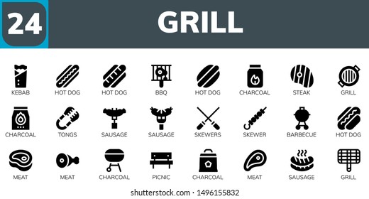 grill icon set. 24 filled grill icons.  Simple modern icons about  - Kebab, Hot dog, Bbq, Charcoal, Steak, Grill, Tongs, Sausage, Skewers, Skewer, Barbecue, Meat, Picnic