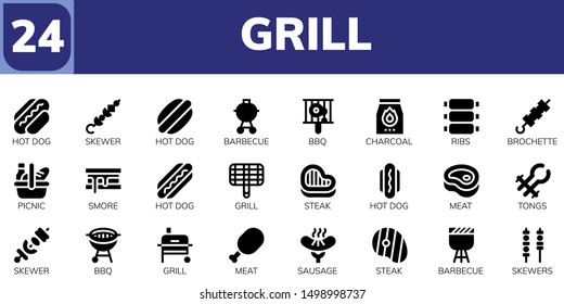 grill icon set. 24 filled grill icons.  Simple modern icons about  - Hot dog, Skewer, Barbecue, Bbq, Charcoal, Ribs, Brochette, Picnic, Smore, Grill, Steak, Meat, Tongs, Sausage