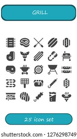  grill icon set. 25 filled grill icons. Simple modern icons about  - Ribs, Meat, Skewers, Hot dog, Sausage, Tongs, Grill, Steak, Bbq, Sausages, Skewer, Smore, Brochette, Kebab
