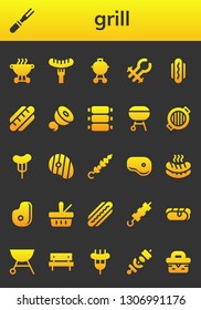 grill icon set. 26 filled grill icons.  Simple modern icons about  - Bbq, Meat, Sausage, Barbecue, Tongs, Hot dog, Ribs, Charcoal, Grill, Steak, Skewer, Picnic, Brochette