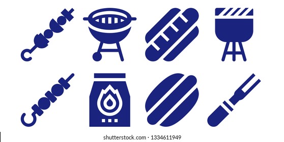 grill icon set. 8 filled grill icons.  Collection Of - Skewer, Brochette, Charcoal, Bbq, Hot dog, Meat, Barbecue